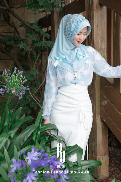 Adiva-Baby Blue Chic Chiffon Hijab Cap with Satin Bows and Beading Details