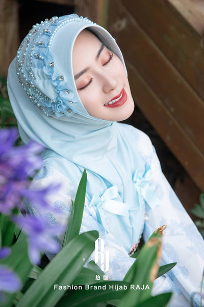 Adiva-Baby Blue Chic Chiffon Hijab Cap with Satin Bows and Beading Details