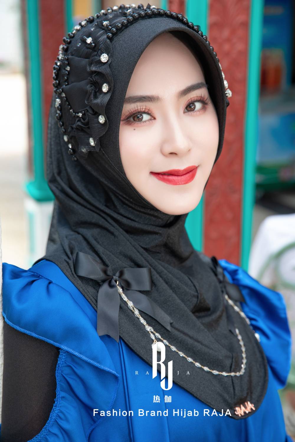 Adiva-Black Chic Chiffon Hijab Cap with Satin Bows and Beading Details