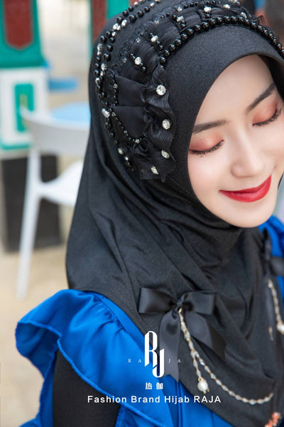 Adiva-Black Chic Chiffon Hijab Cap with Satin Bows and Beading Details