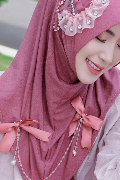 Adiva-Jujube Chic Chiffon Hijab Cap with Satin Bows and Beading Details