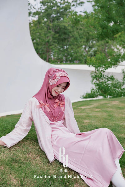 Adiva-Jujube Chic Chiffon Hijab Cap with Satin Bows and Beading Details