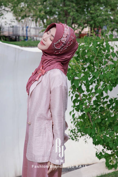 Adiva-Jujube Chic Chiffon Hijab Cap with Satin Bows and Beading Details