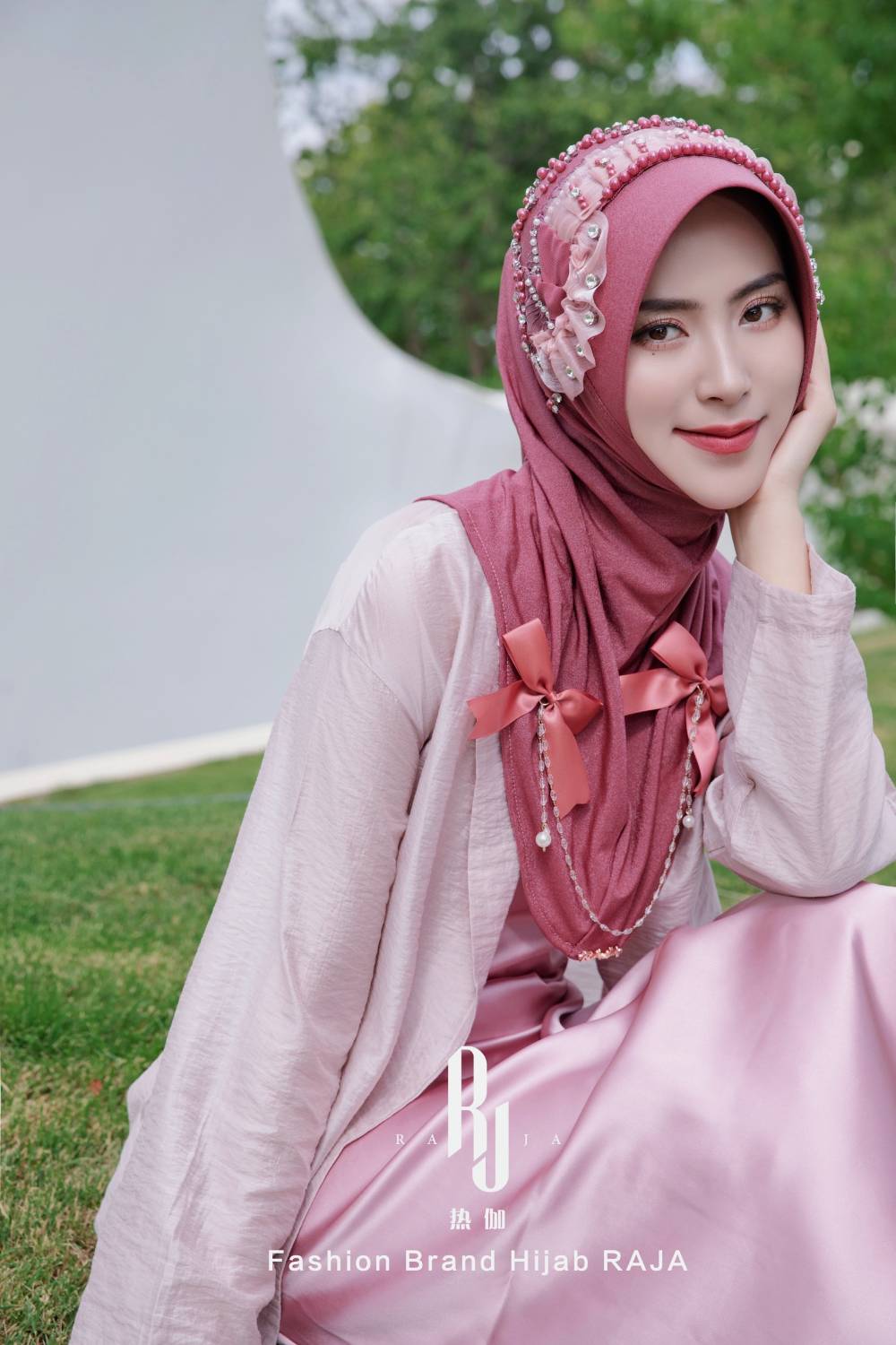 Adiva-Jujube Chic Chiffon Hijab Cap with Satin Bows and Beading Details