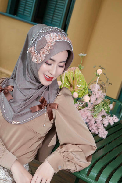 Adiva-Swanky Gray Chic Chiffon Hijab Cap with Satin Bows and Beading Details