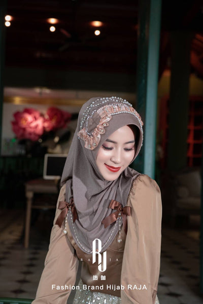 Adiva-Swanky Gray Chic Chiffon Hijab Cap with Satin Bows and Beading Details