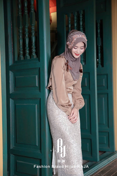 Adiva-Swanky Gray Chic Chiffon Hijab Cap with Satin Bows and Beading Details