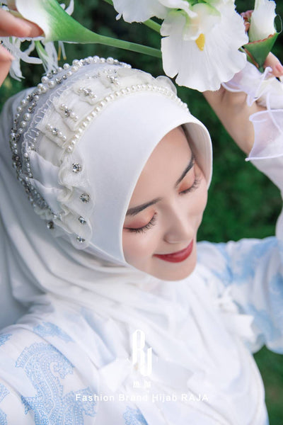 Adiva-White Chic Chiffon Hijab Cap with Satin Bows and Beading Details