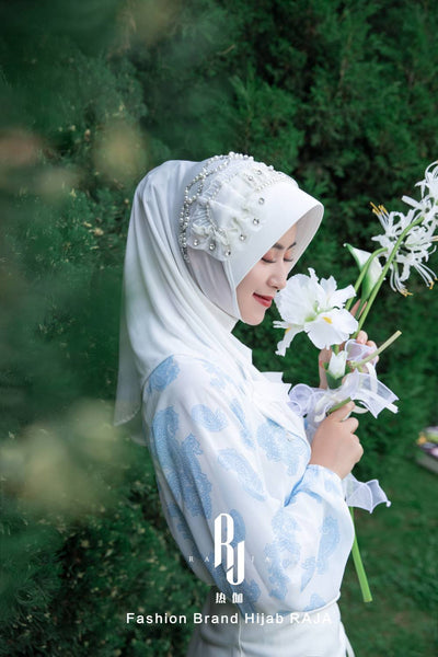 Adiva-White Chic Chiffon Hijab Cap with Satin Bows and Beading Details