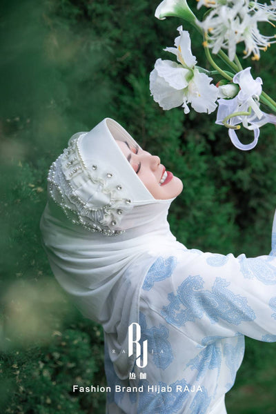 Adiva-White Chic Chiffon Hijab Cap with Satin Bows and Beading Details