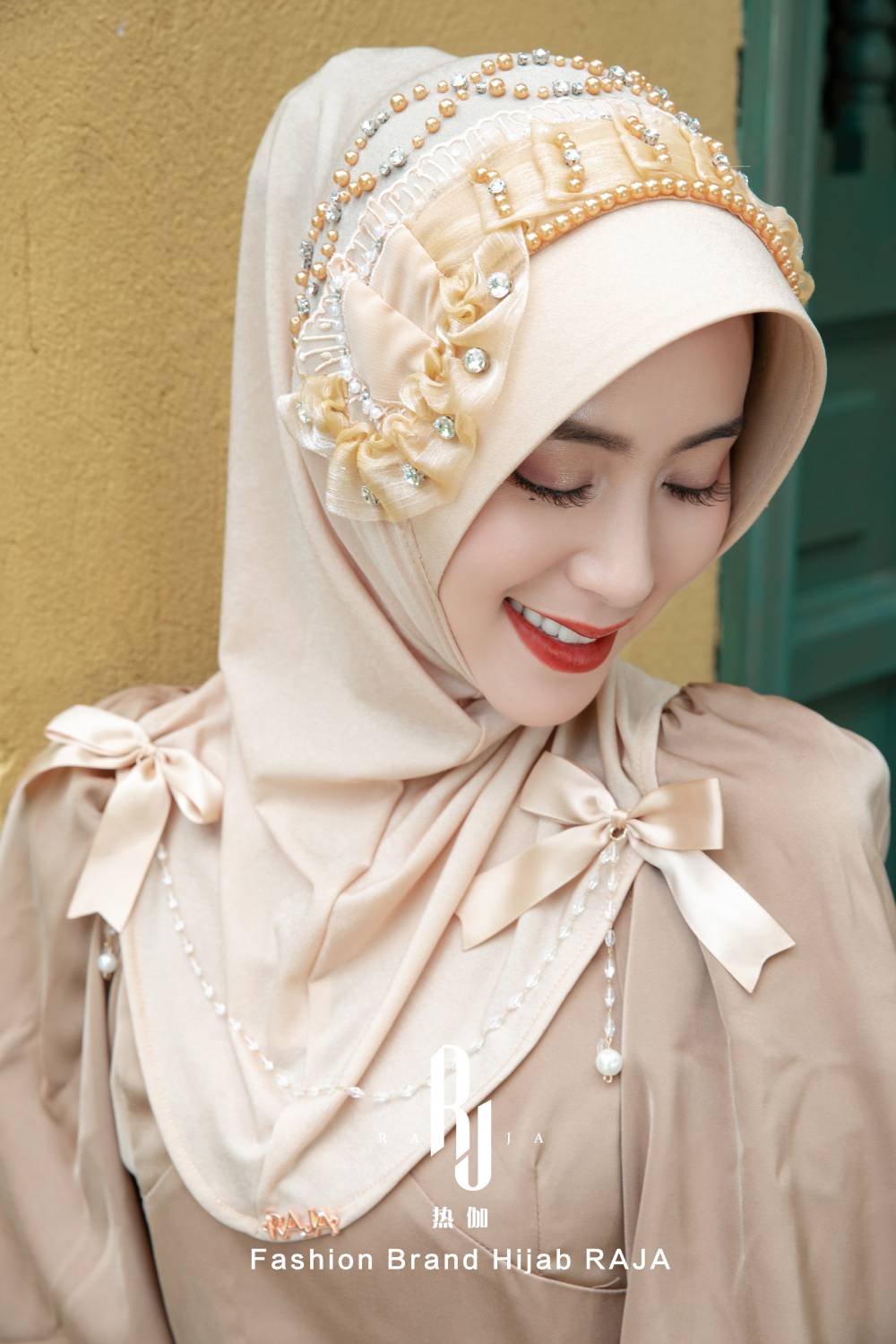 Adiva-Cream Chic Chiffon Hijab Cap with Satin Bows and Beading Details