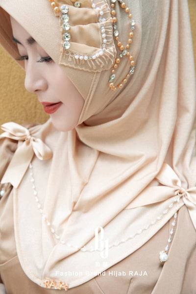 Adiva-Cream Chic Chiffon Hijab Cap with Satin Bows and Beading Details