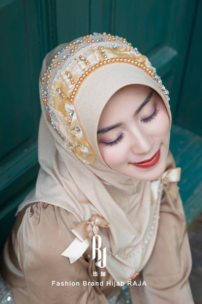 Adiva-Cream Chic Chiffon Hijab Cap with Satin Bows and Beading Details