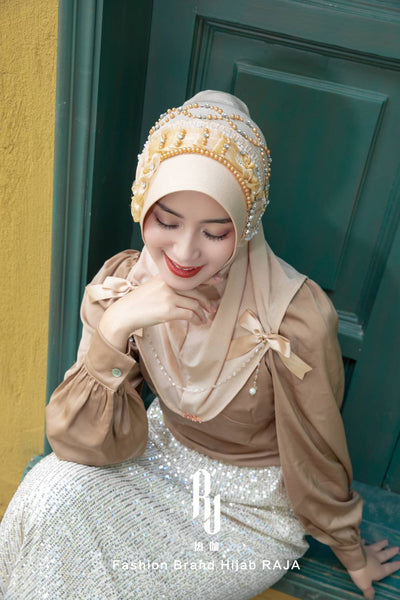 Adiva-Cream Chic Chiffon Hijab Cap with Satin Bows and Beading Details