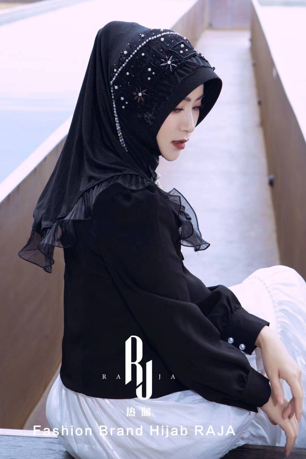 Kaliala-Black Embroidered Chiffon Hijab Cap with Pearls and Rhinestones