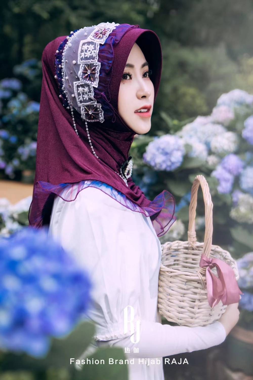 Kaliala-slivková vyšívaná šifónová čepice na hidžáb s perlami a kamínky