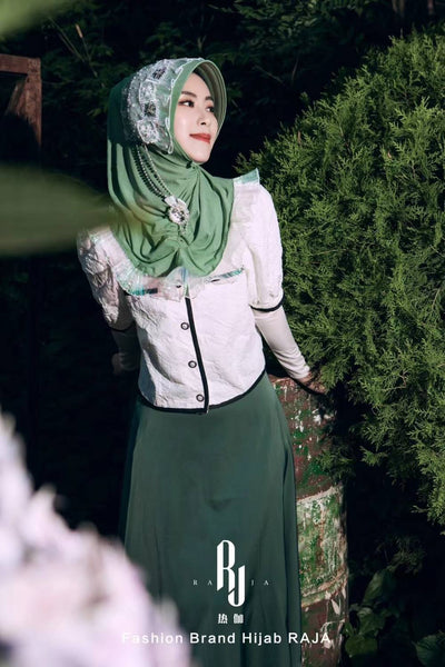 Kaliala-Sage Embroidered Chiffon Hijab Cap with Pearls and Rhinestones