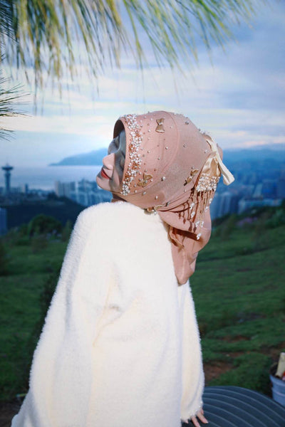 Barika-Apricot Romantic Handcrafted Hijab Cap with Satin Bows