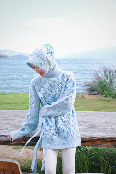 Barika-Baby Blue Romantic Handcrafted Hijab Cap with Satin Bows