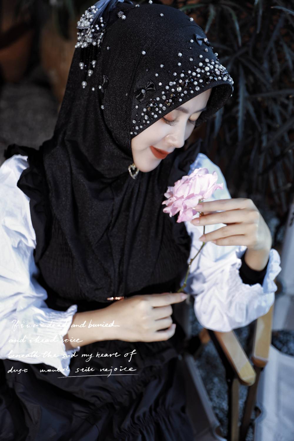 Barika-Black Romantic Handcrafted Hijab Cap with Satin Bows