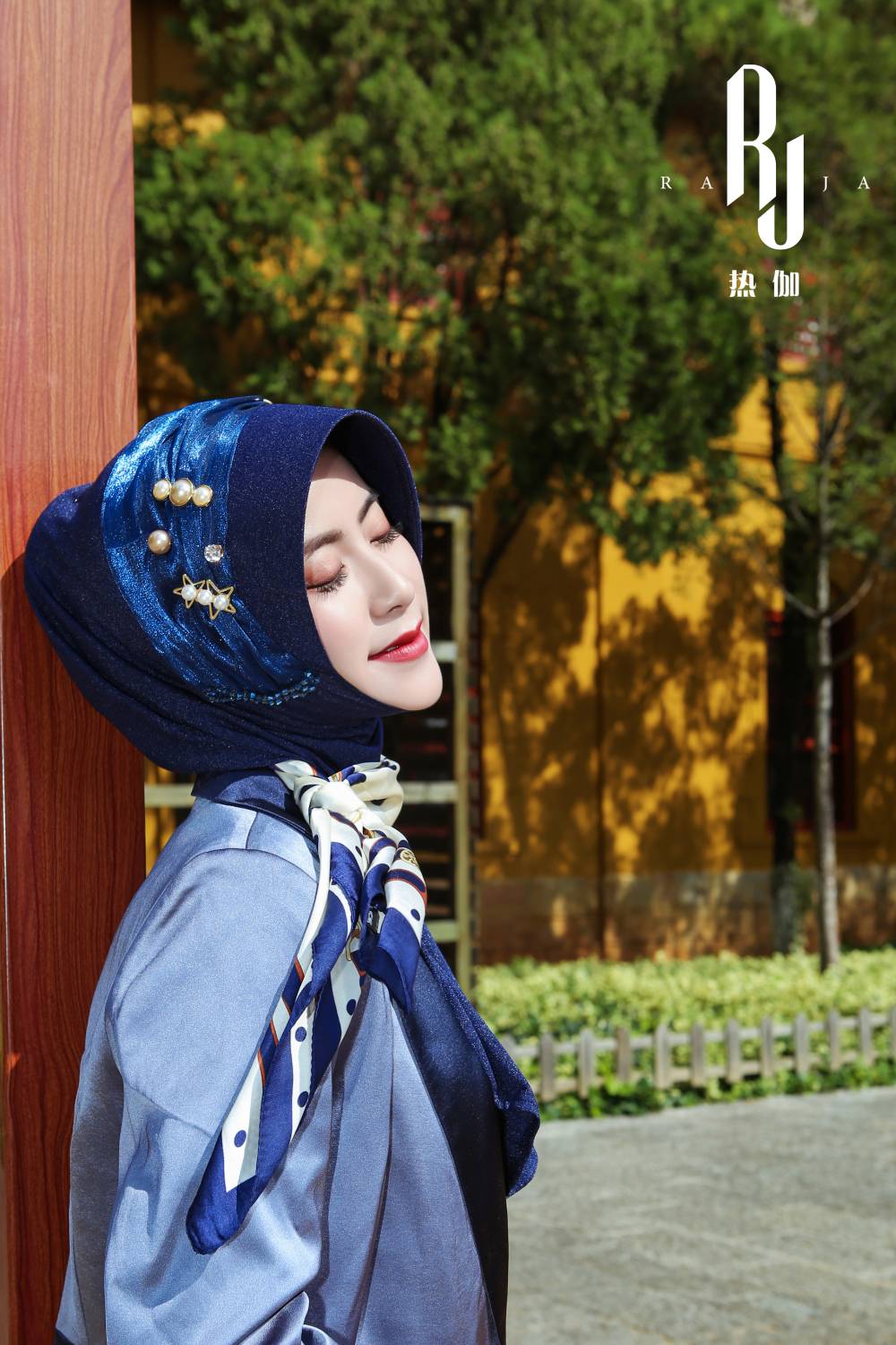 Laila-Royal Blue Enchanting Hijab Cap with Delicate Pearl Embellishments and Charmeuse Scarf