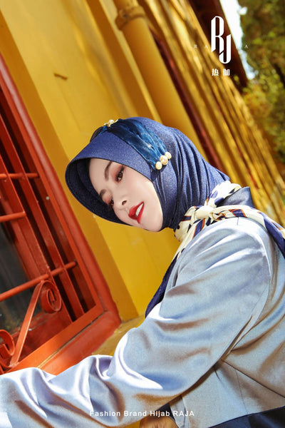 Laila-Royal Blue Enchanting Hijab Cap with Delicate Pearl Embellishments and Charmeuse Scarf