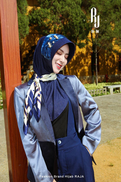 Laila-Royal Blue Enchanting Hijab Cap with Delicate Pearl Embellishments and Charmeuse Scarf