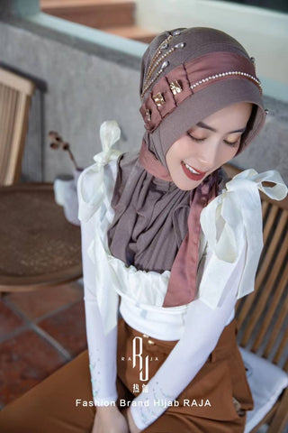 Jaseena-Mocha Enchanting Hijab Cap with Delicate Ribbon Embellishment