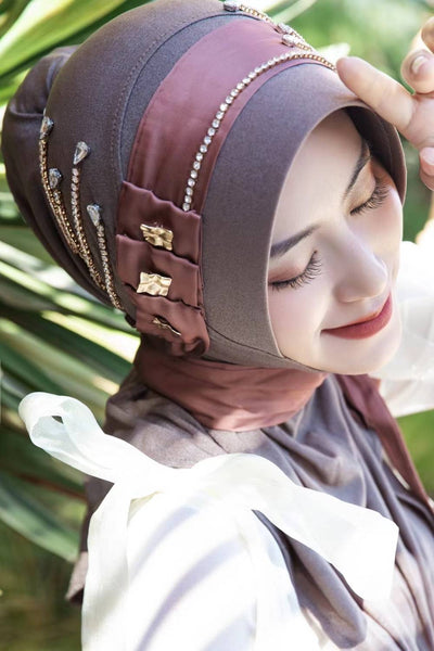 Jaseena-Mocha Enchanting Hijab Cap with Delicate Ribbon Embellishment