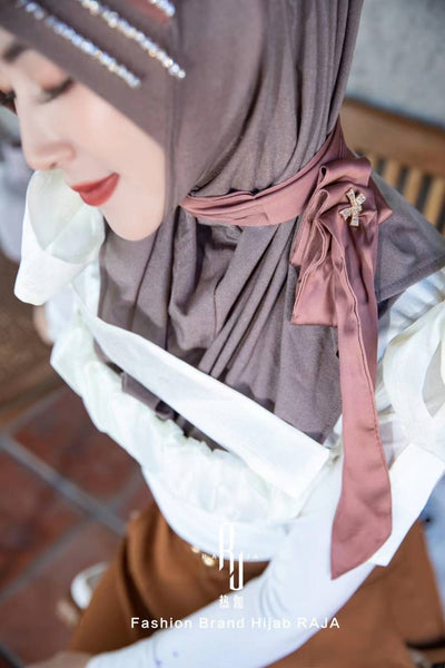 Jaseena-Mocha Enchanting Hijab Cap with Delicate Ribbon Embellishment