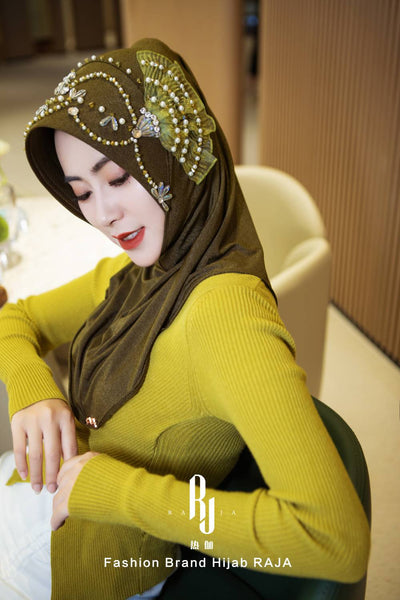 Amira-Army Green Enchanting Fan-Shaped Hijab Cap with Pearl Embellishments