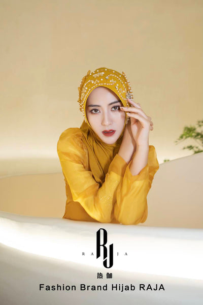 Amira-Gold Enchanting Fan-Shaped Hijab Cap with Pearl Embellishments