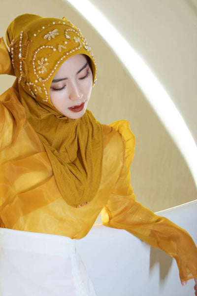 Amira-Gold Enchanting Fan-Shaped Hijab Cap with Pearl Embellishments