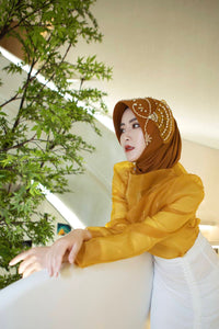 Amira-Hawaiian Brown Enchanting Fan-Shaped Hijab Cap with Pearl Embellishments