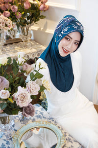 Amira-Prussian blue Enchanting Fan-Shaped Hijab Cap with Pearl Embellishments