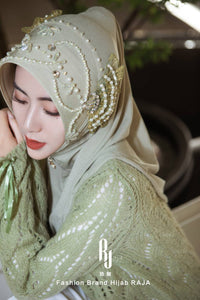 Amira-Sage Enchanting Fan-Shaped Hijab Cap with Pearl Embellishments