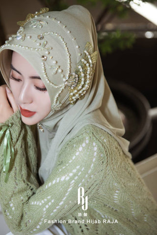 Amira-Sage Enchanting Fan-Shaped Hijab Cap with Pearl Embellishments