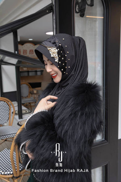 Farisha-Black Regal Velvet and Pleated Ribbon Hijab Cap with Intricate Embellishments