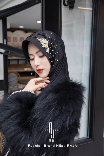 Farisha-Black Regal Velvet and Pleated Ribbon Hijab Cap with Intricate Embellishments