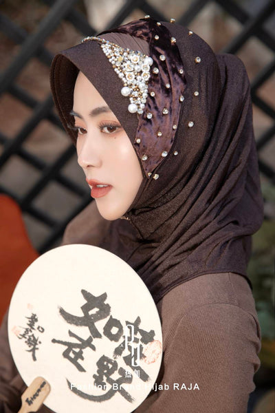 Farisha-Gray Wolf Regal Velvet and Pleated Ribbon Hijab Cap with Intricate Embellishments