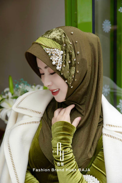 Farisha-Olive Regal Velvet and Pleated Ribbon Hijab Cap with Intricate Embellishments