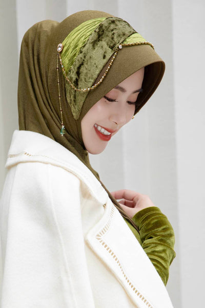 Farisha-Olive Regal Velvet and Pleated Ribbon Hijab Cap with Intricate Embellishments