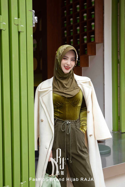 Farisha-Olive Regal Velvet and Pleated Ribbon Hijab Cap with Intricate Embellishments