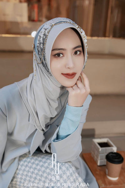 Farisha-Silver Regal Velvet and Pleated Ribbon Hijab Cap with Intricate Embellishments