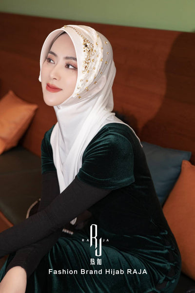 Farisha-White Regal Velvet and Pleated Ribbon Hijab Cap with Intricate Embellishments