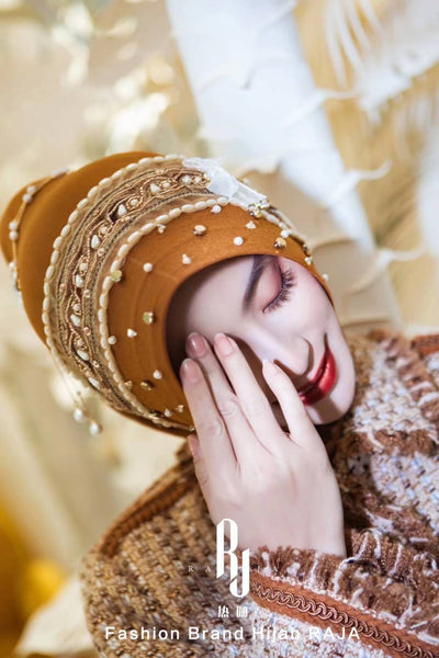 Eshal-Bronze Ethnic Elegance Pearl and Crystal Embellished  Hijab Cap with Delicate Chain