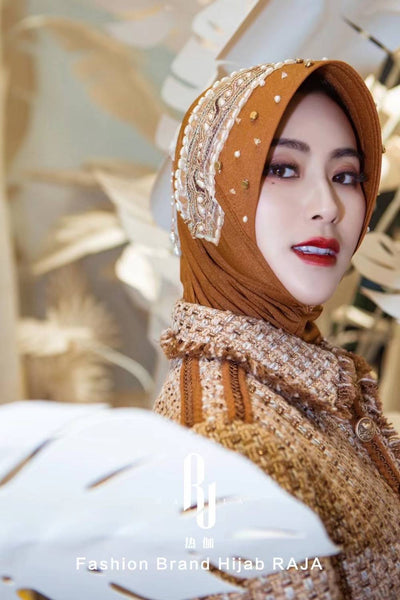 Eshal-Bronze Ethnic Elegance Pearl and Crystal Embellished  Hijab Cap with Delicate Chain