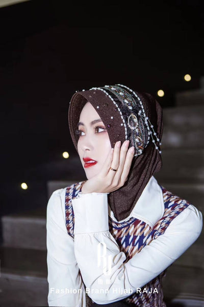 Eshal-Gray Wolf Ethnic Elegance Pearl and Crystal Embellished  Hijab Cap with Delicate Chain