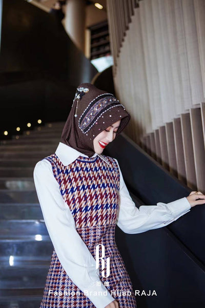 Eshal-Gray Wolf Ethnic Elegance Pearl and Crystal Embellished  Hijab Cap with Delicate Chain