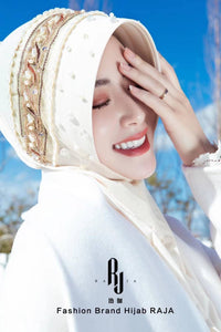 Eshal-White Ethnic Elegance Pearl and Crystal Embellished  Hijab Cap with Delicate Chain